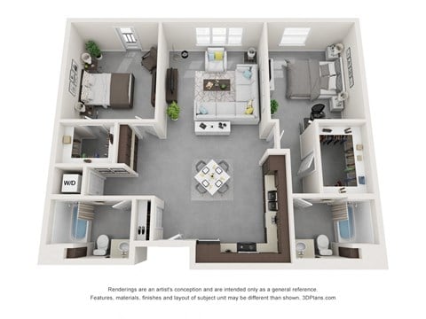 Floor plan for 2 beds, 2 baths, 1369 sqft